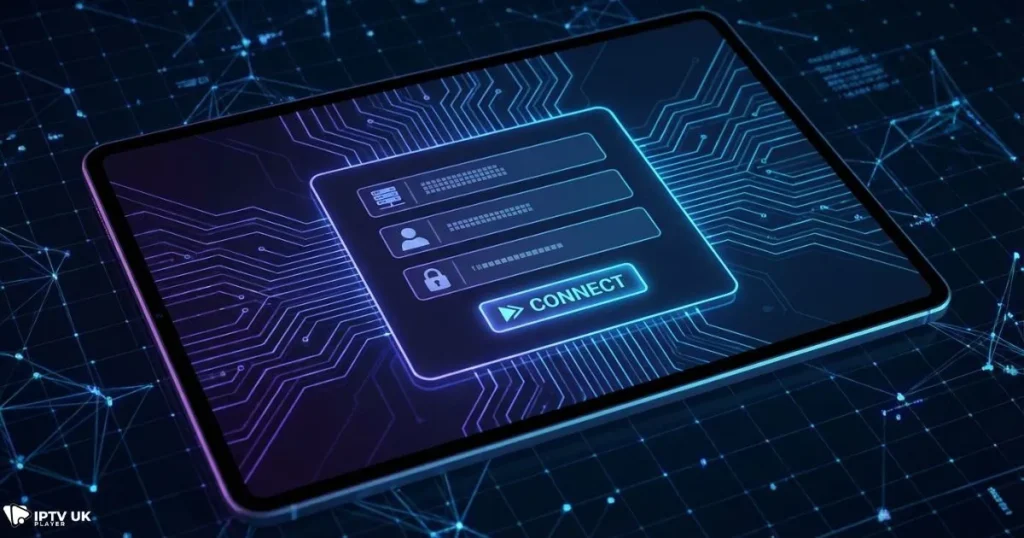 xtream codes iptv login screen showing server URL username and password fields