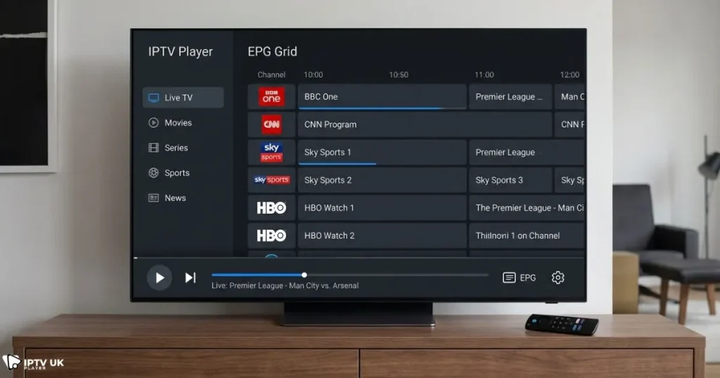IPTV player for Firestick showing channel list and EPG for IPTV Firestick UK users