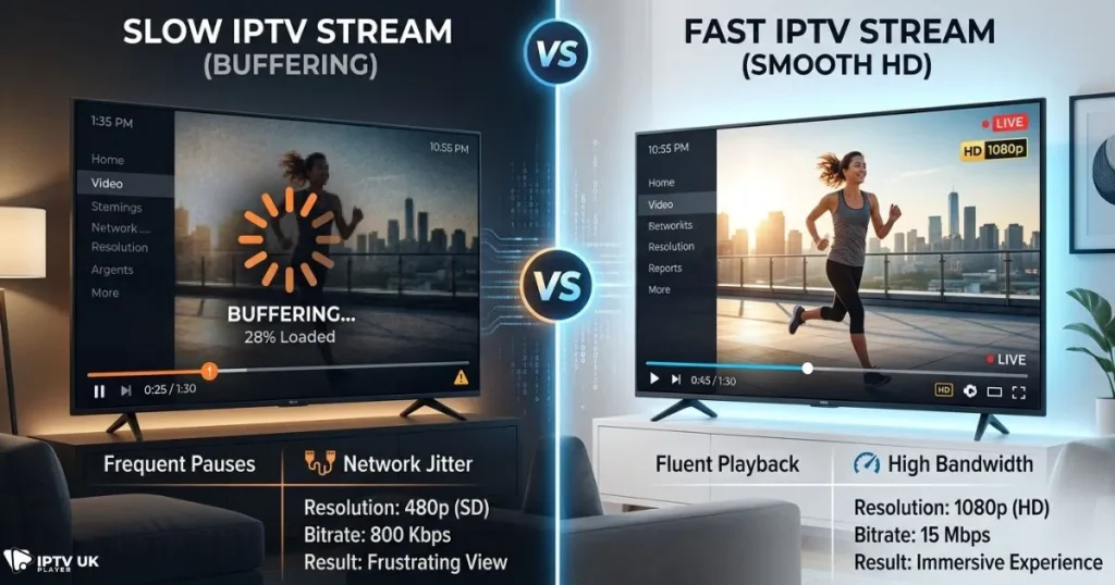 comparison between slow and fast iptv streams with buffering vs smooth playback