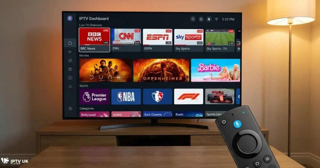 free iptv firestick interface showing live TV channels and streaming categories