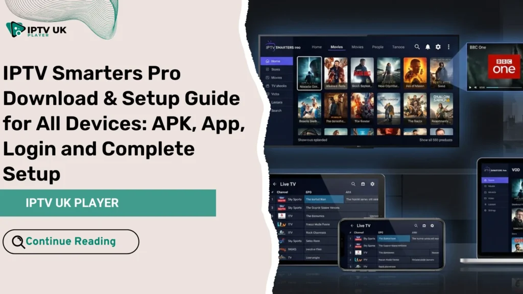 iptv smarters pro download on multiple devices including smart TV, phone, tablet, and laptop