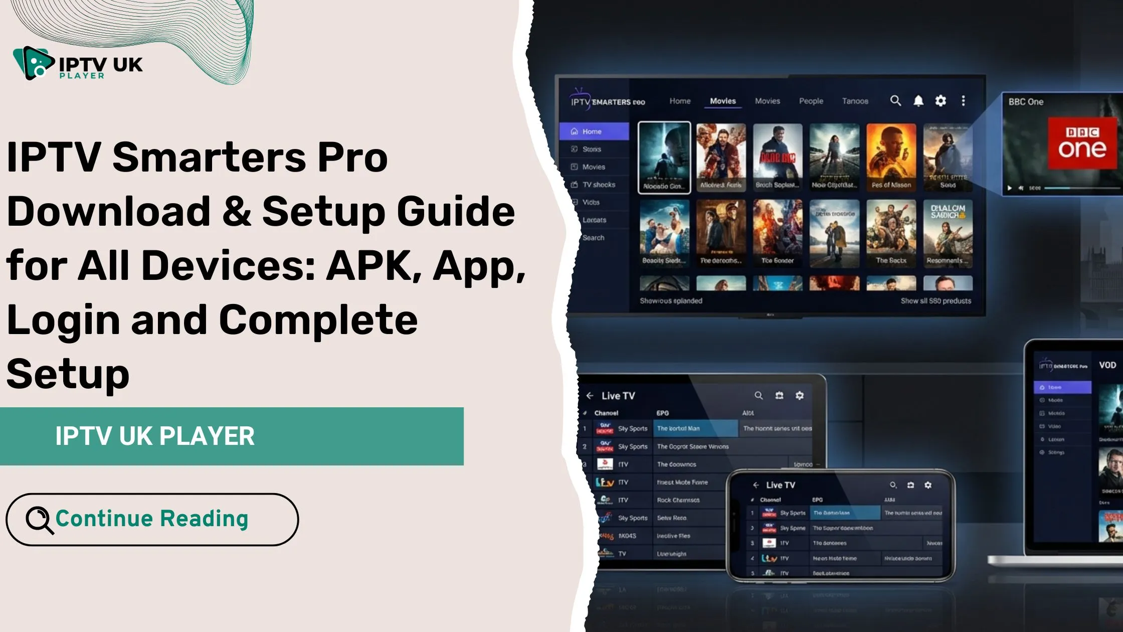 iptv smarters pro download on multiple devices including smart TV, phone, tablet, and laptop