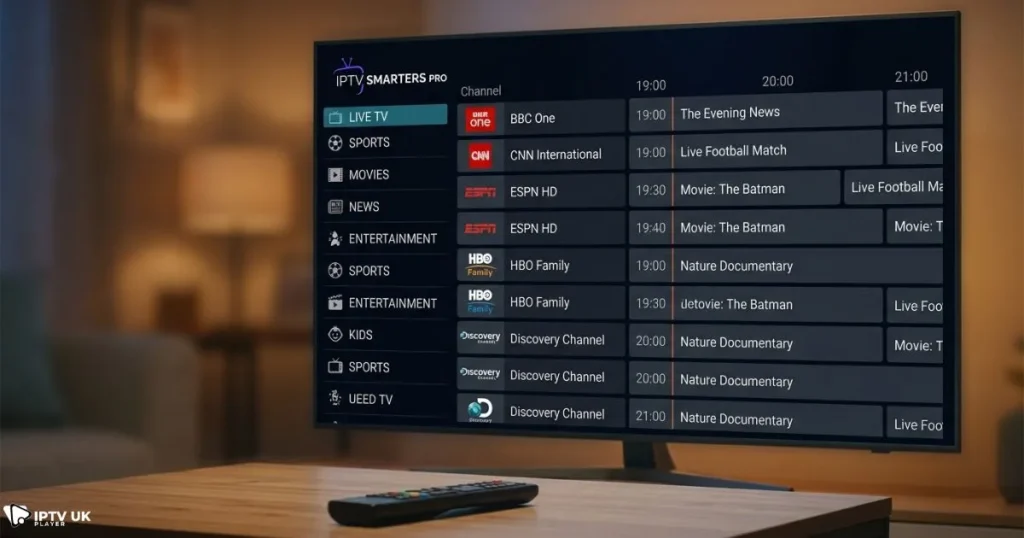iptv smarters pro app interface showing live TV channels and EPG