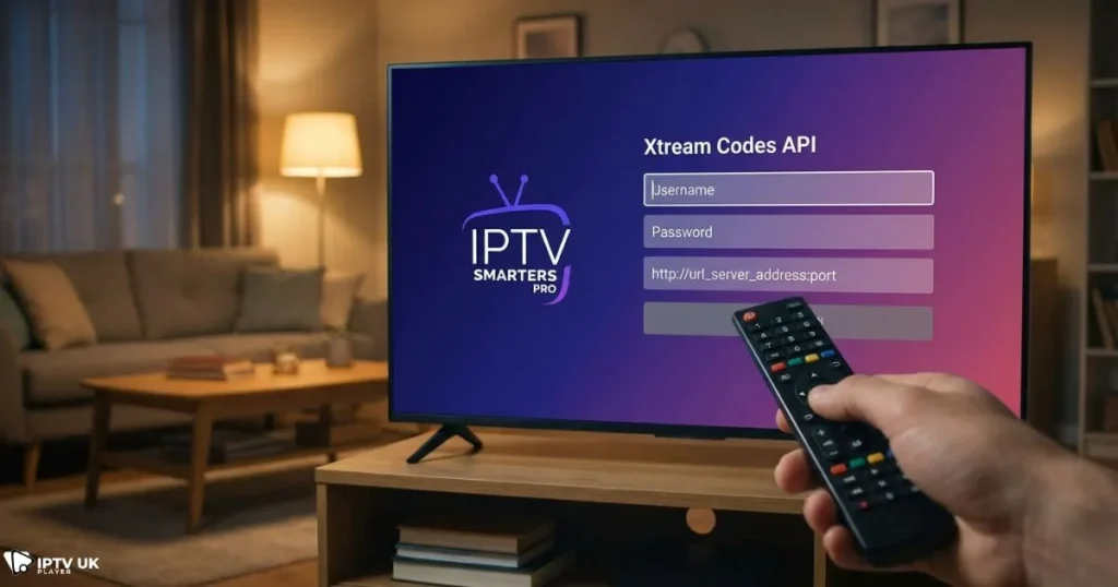 IPTV Smarters Pro Firestick setup login screen with Xtream Codes API