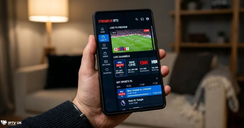 iptv player android app interface for streaming live channels