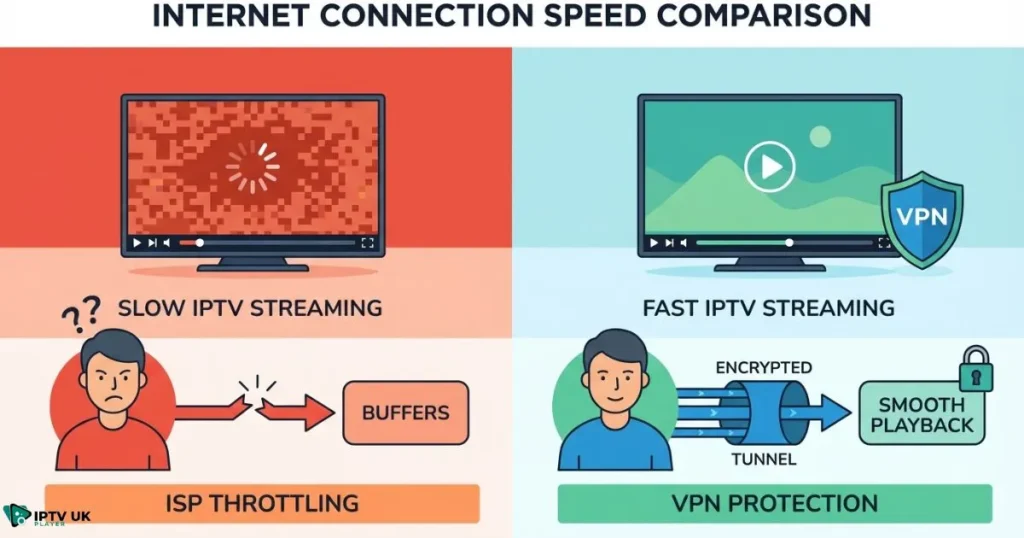 vpn for iptv showing difference between buffering and smooth streaming