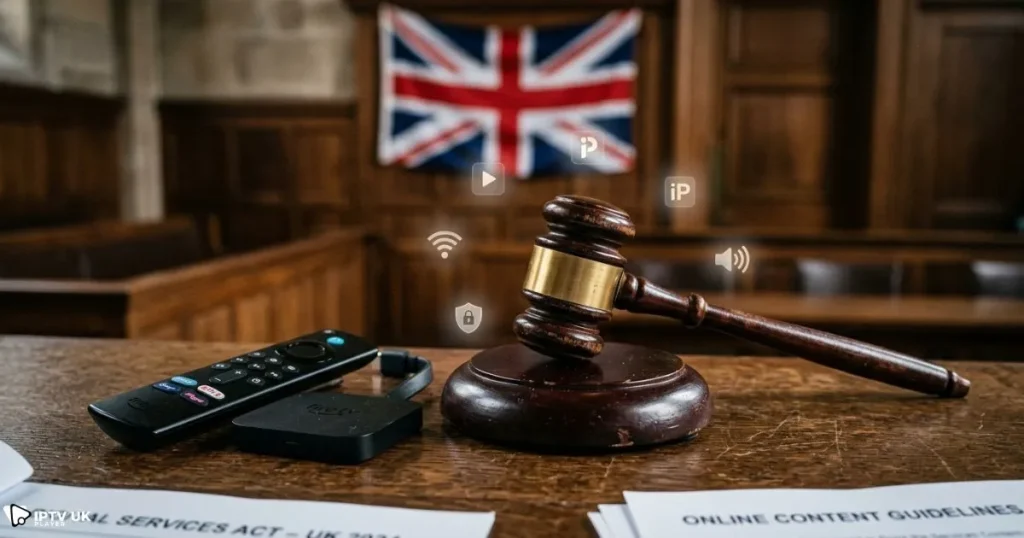 uk iptv laws represented by gavel and streaming device
