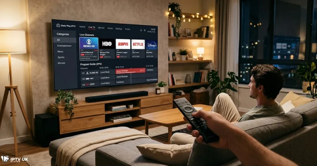 iptv player smart tv interface with live channels and guide