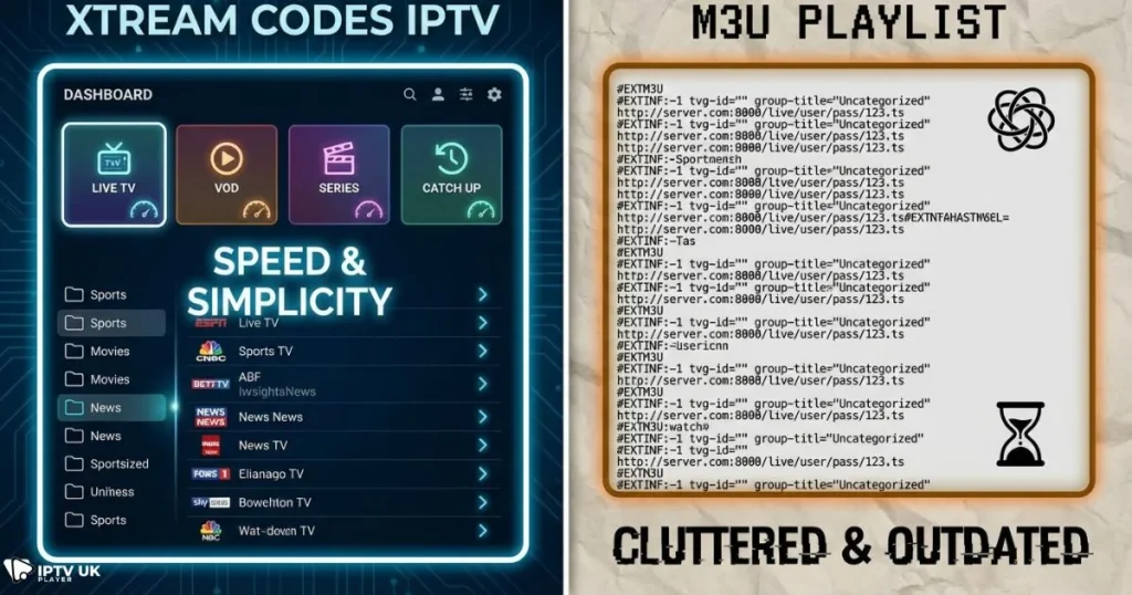 xtream codes iptv vs m3u playlist comparison interface