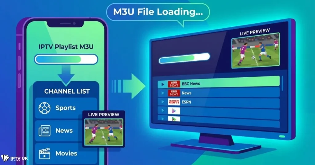 M3U playlist IPTV loaded on smart TV and mobile device using IPTV player M3U