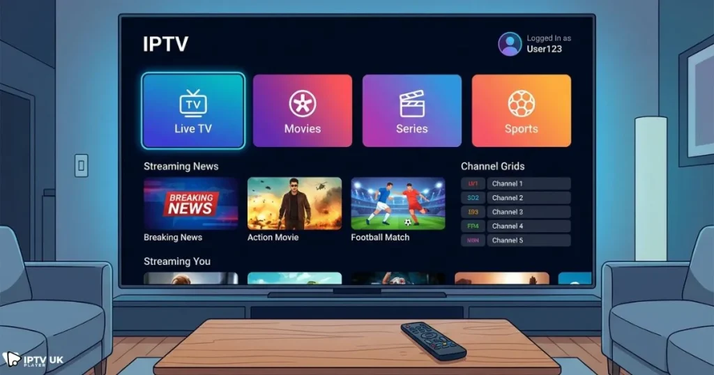 xtream iptv player setup showing channel categories after login