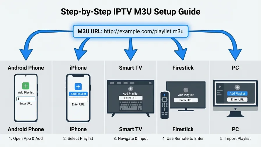 IPTV M3U URL setup on Android, iOS, and Smart TV devices