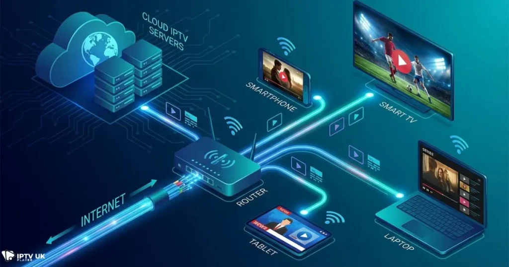 iptv service ecosystem showing streaming across multiple connected devices