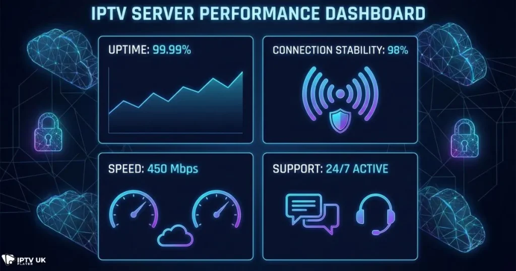 reliable iptv provider dashboard showing uptime and stable streaming performance