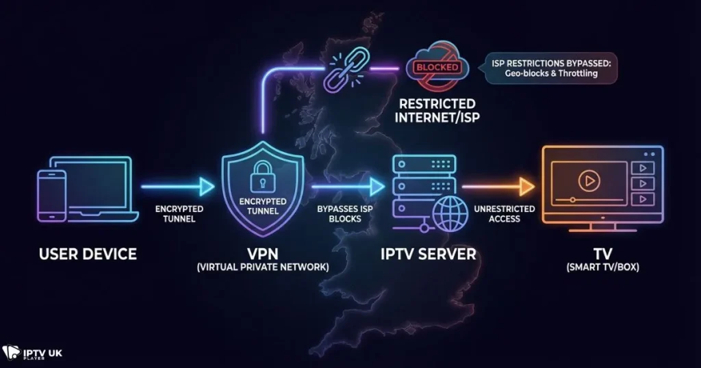 Illustration explaining how IPTV VPN UK helps unblock IPTV in UK.