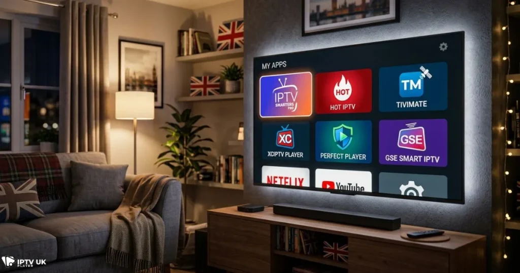 Smart TV displaying apps to fix IPTV not working UK issues.